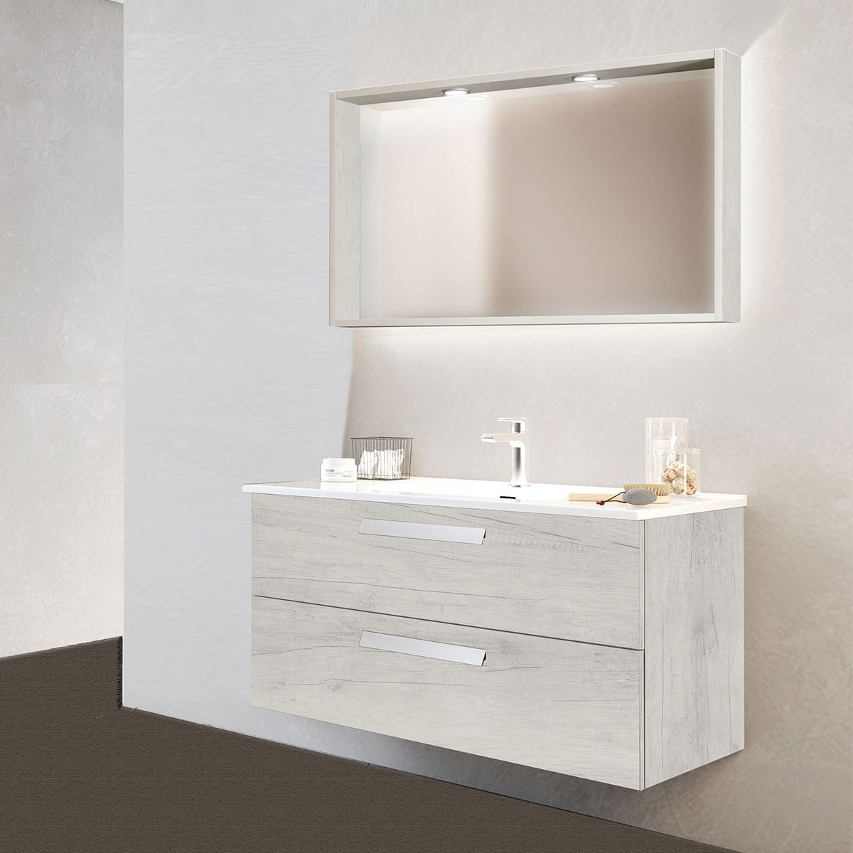 MOBILETTO PER BAGNO A TERRA 30CM, ANTA+CASSETTO QUERCIA BIANCO