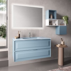 Mobile bagno sospeso 2 cassetti frontale bugnato lavabo in vetro Azzurro cm 100