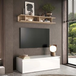 Parete soggiorno con porta TV + mensola Bianco laccato - Rovere kadiz 153